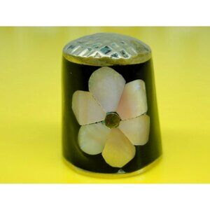 Abalone Inlaid Thimble Silver Plate Alpaca Mexico Pink Flower Vintage